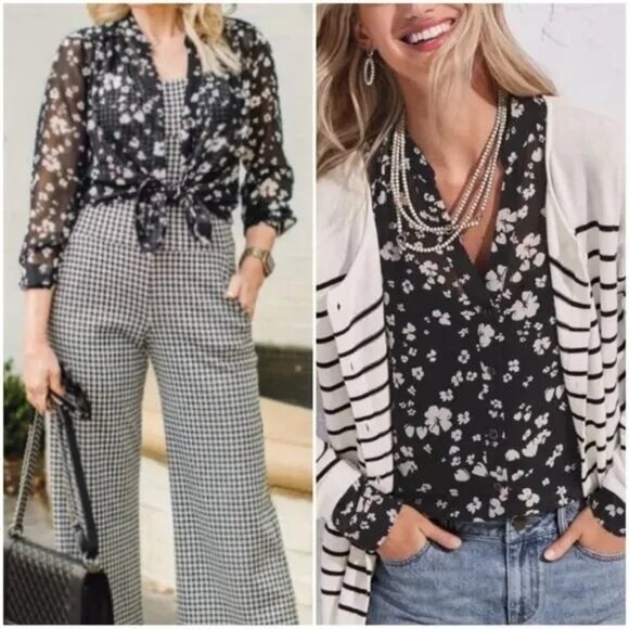 CABI Delight Blouse in Black Floral Long Sleeve Sz XL #6079 NWOT - Picture 1 of 6